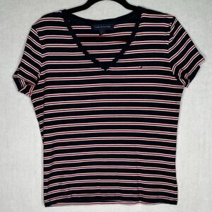 Tommy Hilfiger Red White Blue Stripe V-Neck Tee – Size L